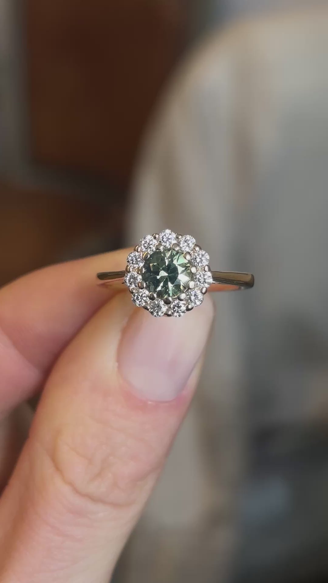 Green sapphire & diamond cluster ring