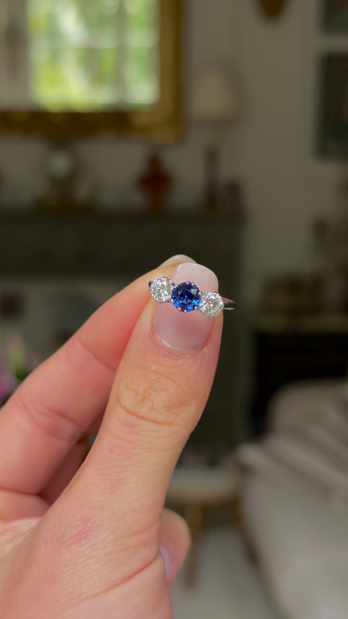 Antique, Art Deco sapphire & diamond three stone ring, platinum