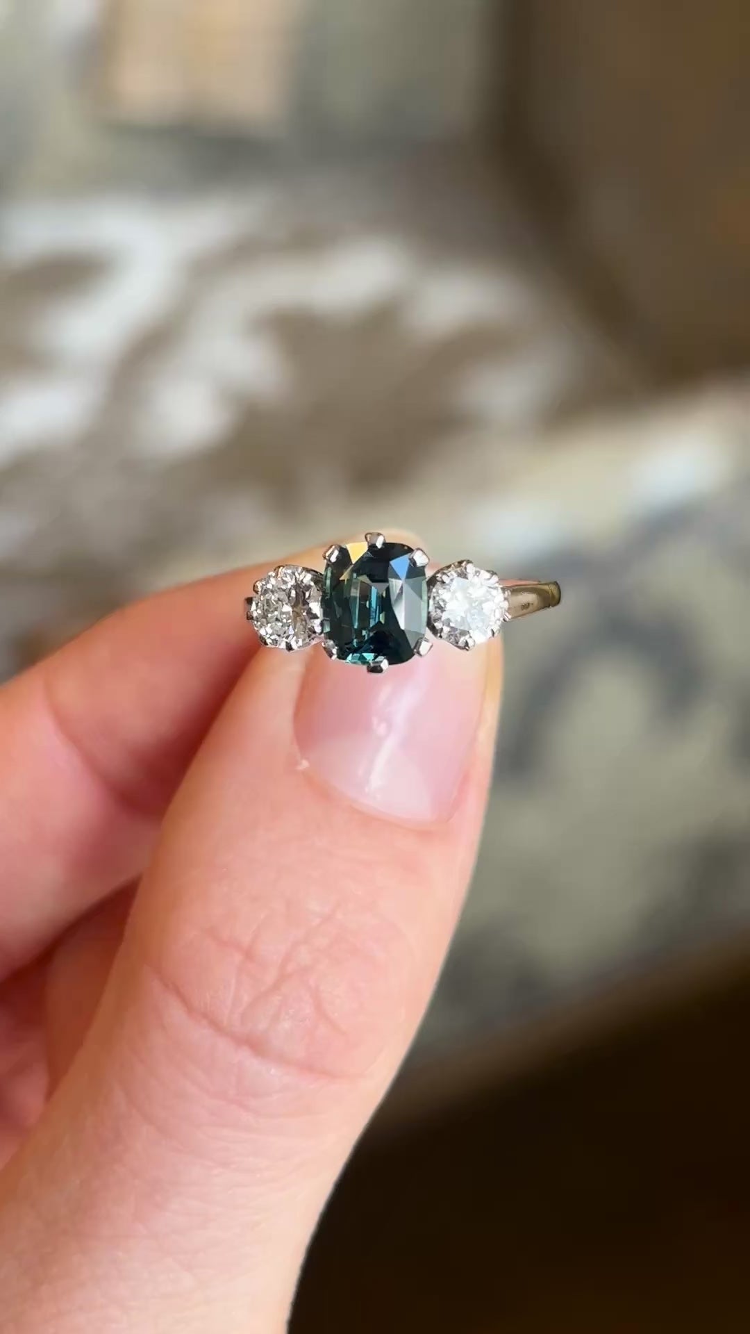 Vintage, 1950s Green-teal sapphire & diamond three-stone ring