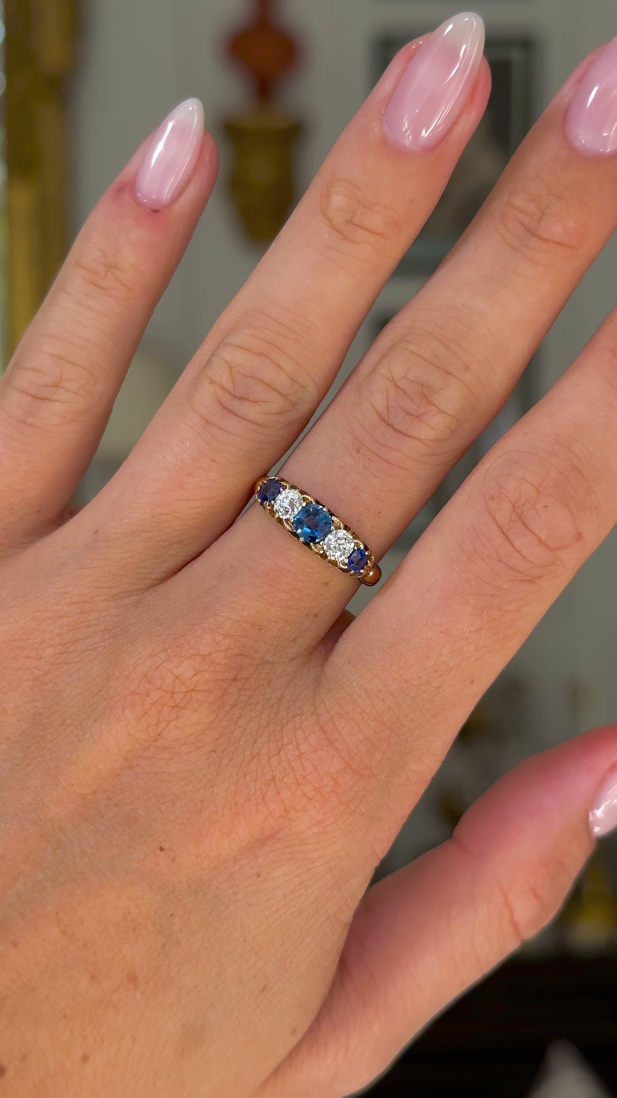 Antique, Victorian five stone sapphire and diamond ring, 18ct yellow gold