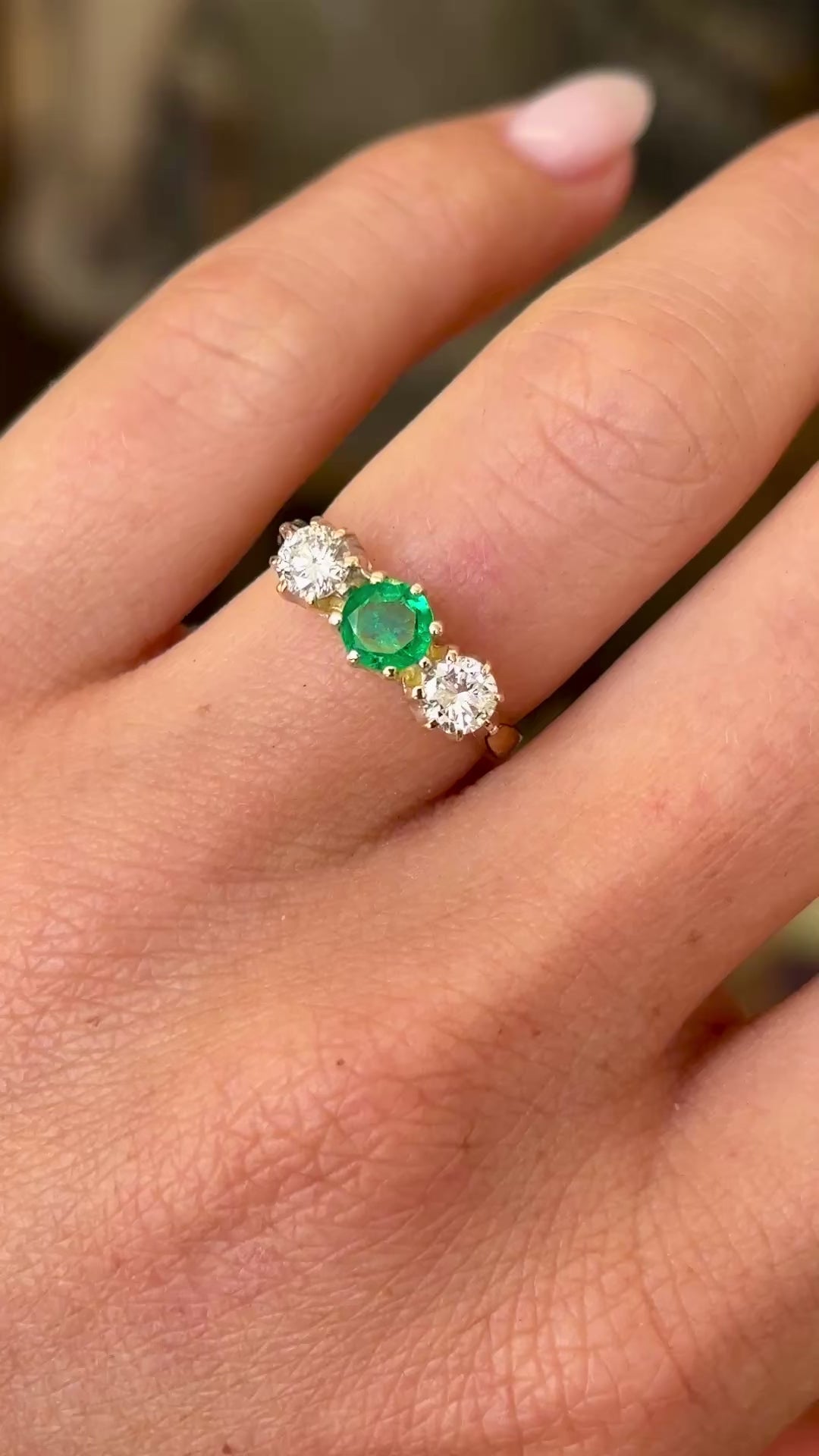 Vintage, 1990s emerald & diamond three-stone ring