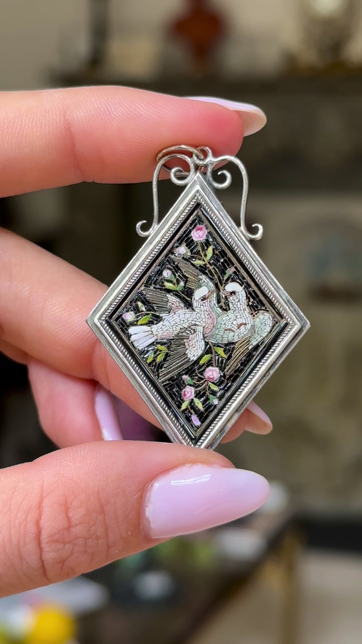 Antique, Victorian Micro Mosaic Bird Pendant