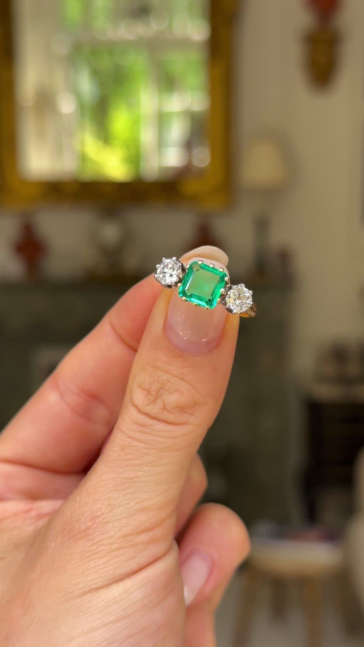 Victorian, Emerald and Diamond Three Stone Ring, 18ct Yellow Gold