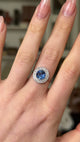 Vintage, Art Deco Sapphire and Diamond Cluster Ring, 18ct White Gold worn on hand and rotated to give perspective.