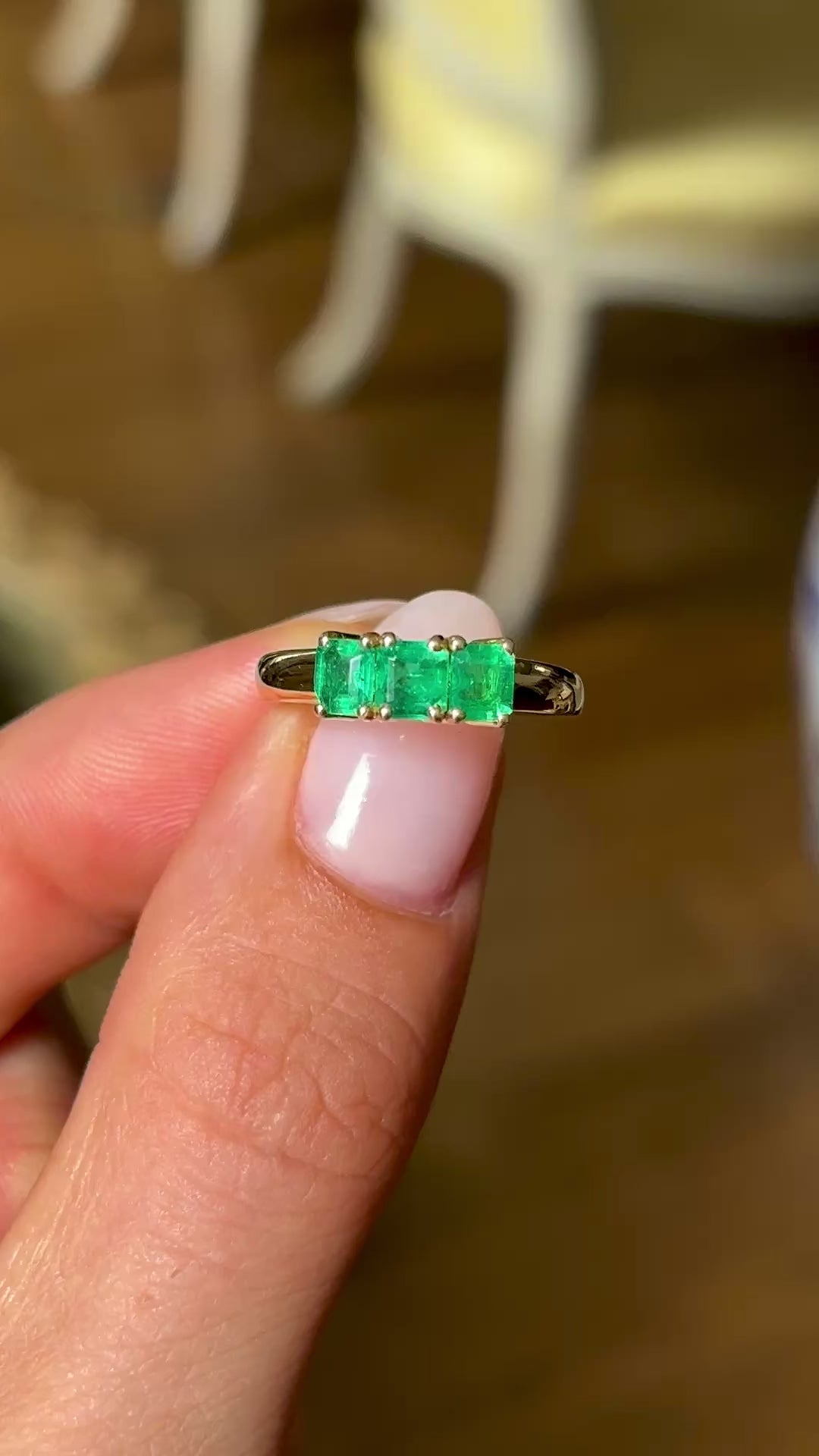 Vintage, 1990s three-stone emerald ring
