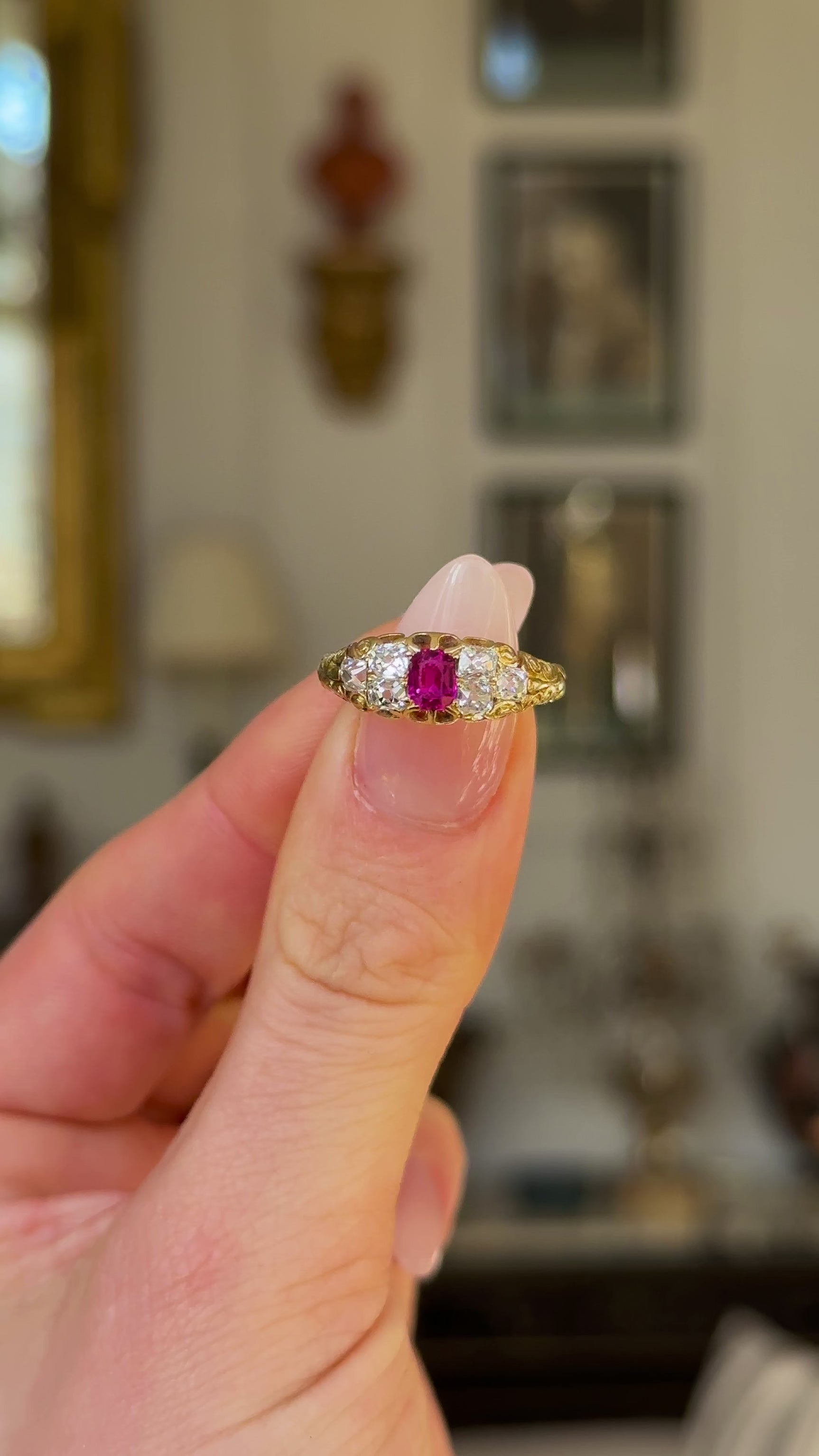 Antique, Victorian Burmese Ruby and Diamond Engagement Ring, 18ct Yellow Gold held in fingers and rotated to give perspective.