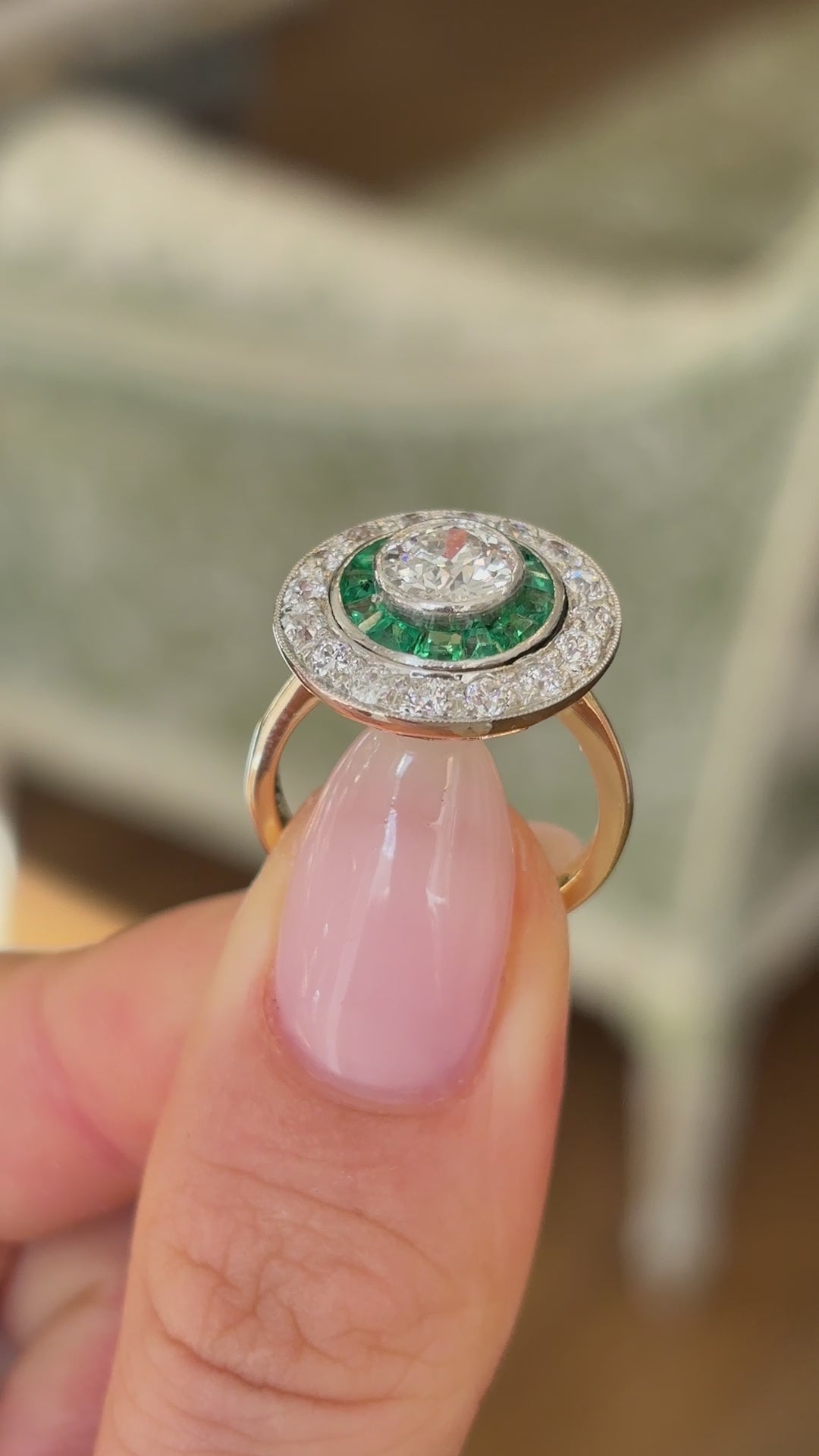 Art Deco emerald & diamond target cluster ring, circa 1920s
