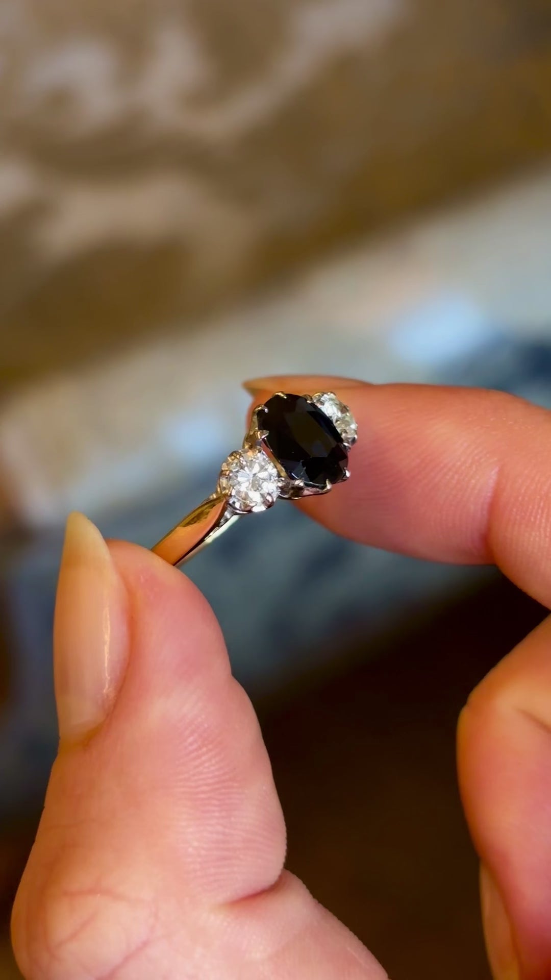 Vintage, 1950s dark blue sapphire and diamond three-stone engagement ring