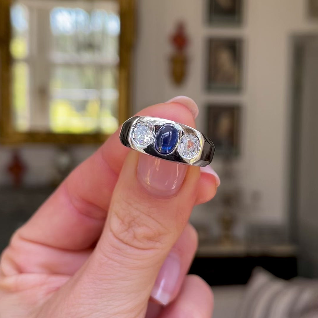 1920s Cabochon Sapphire and Diamond Three Stone Gypsy Ring, Platinum