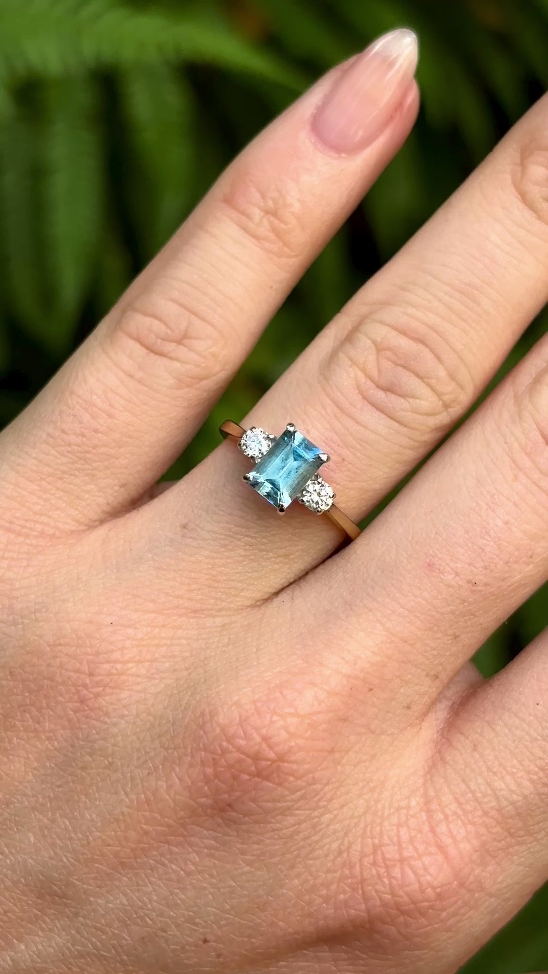 Vintage, aquamarine & diamond three-stone ring, 18ct yellow gold