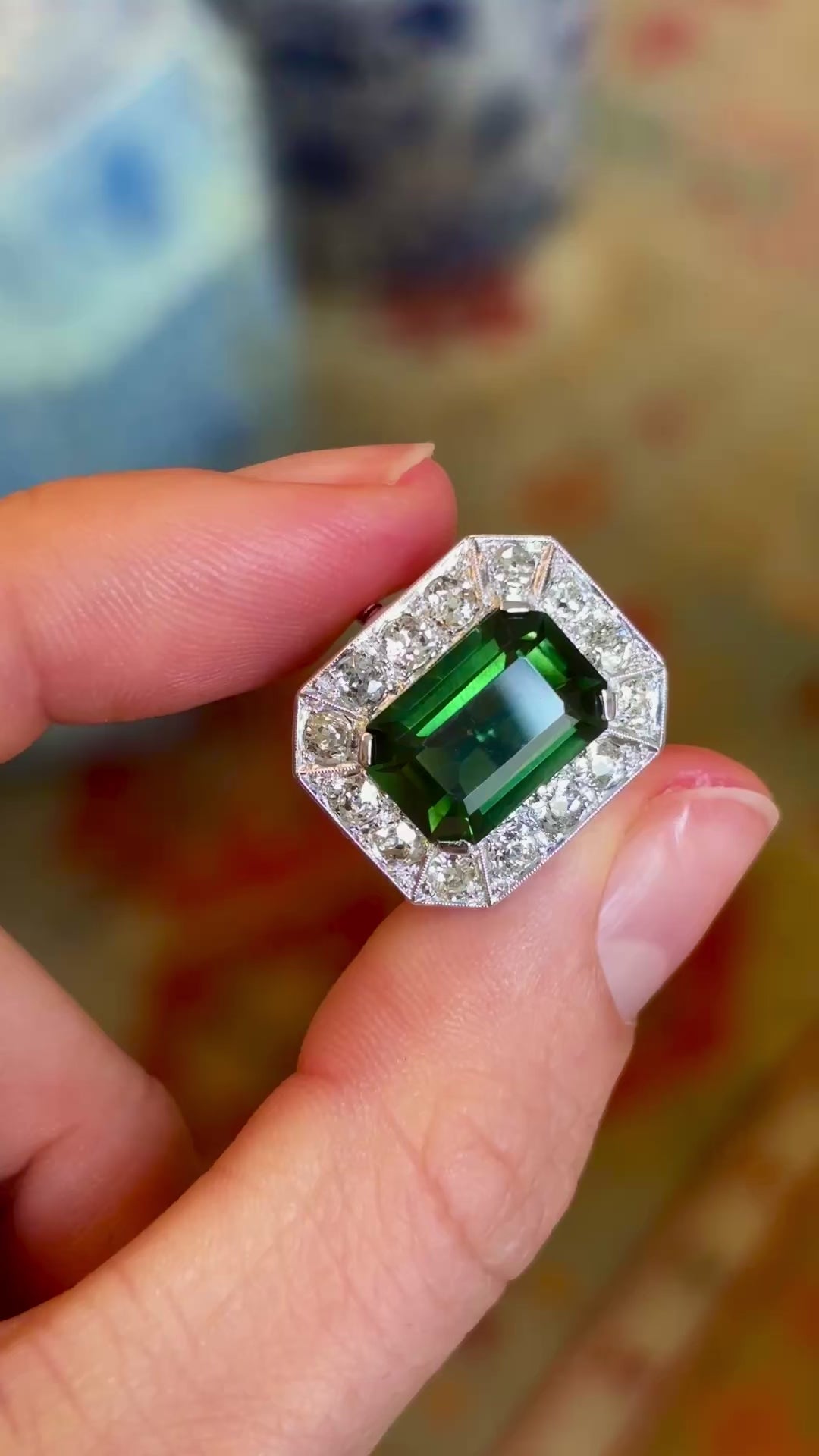 Vintage, Art Deco 5ct chrome green tourmaline & diamond cocktail ring