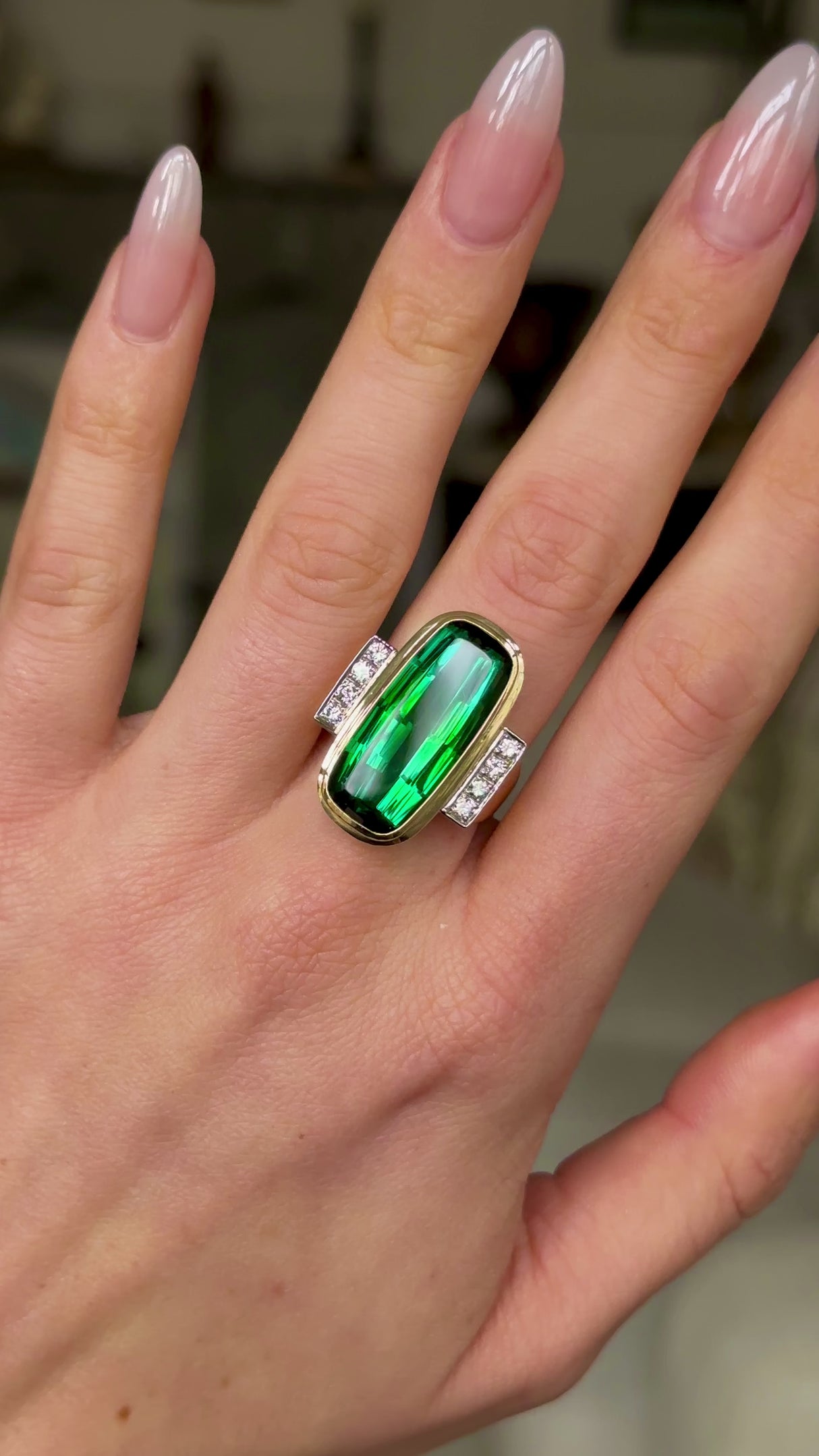 Vintage, Tourmaline and Diamond Cocktail Ring, worn on hand and moved around to give perspective.