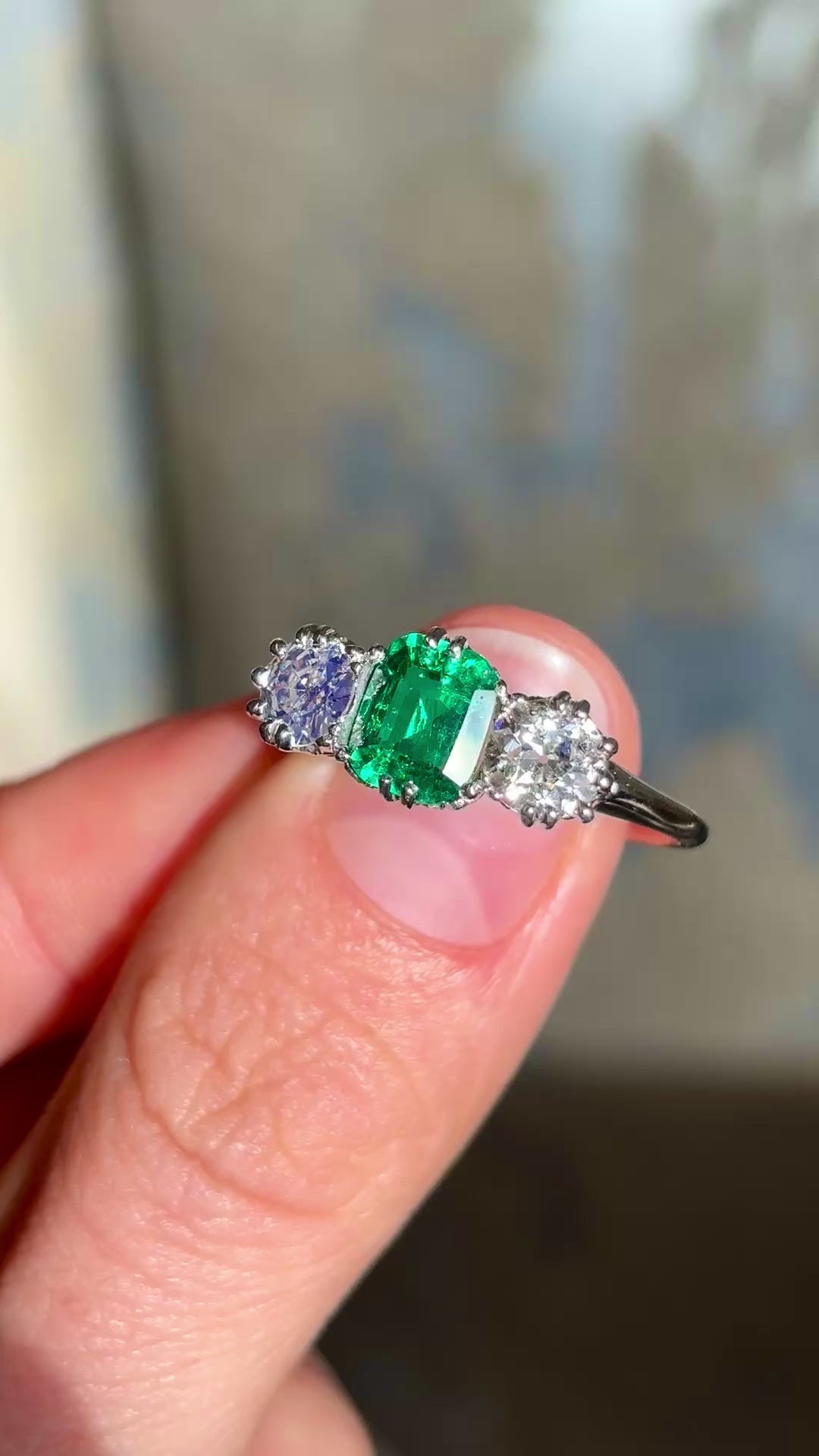 Vintage, Art Deco emerald & diamond three-stone ring