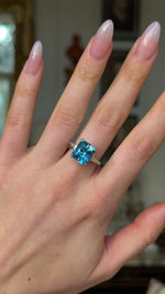 Vintage, Art Deco Topaz and Diamond Ring, Platinum worn on hand and rotated to give perspective.
