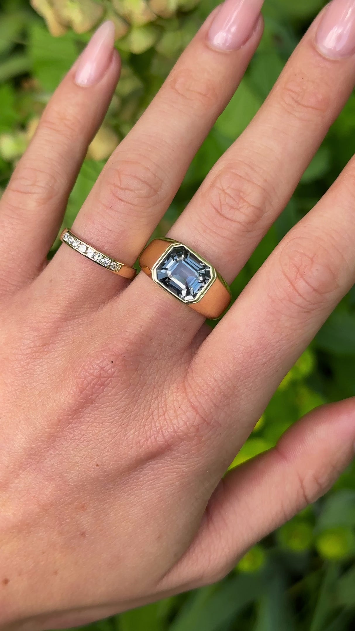 Vintage, Grey Spinel Chunky Band, 14ct Yellow Gold worn on hand