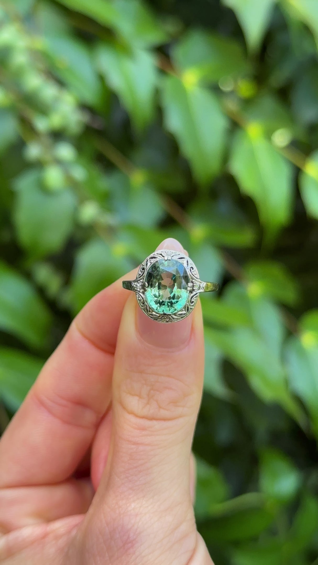 Antique, Edwardian Green Tourmaline Ring, 18ct White Gold
