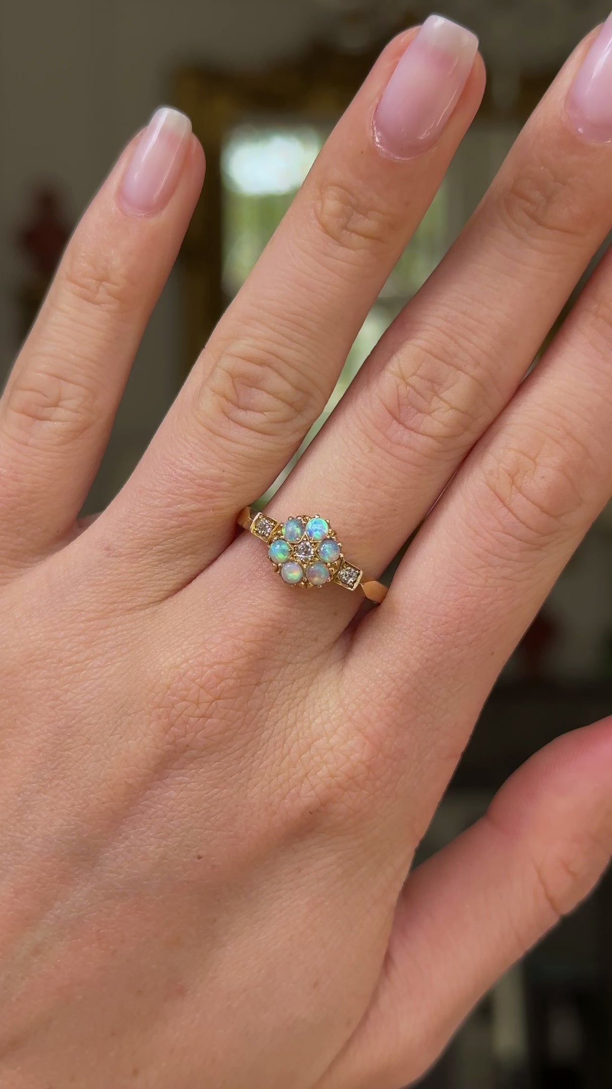 Antique, Victorian, opal and diamond flower ring, 18ct yellow gold