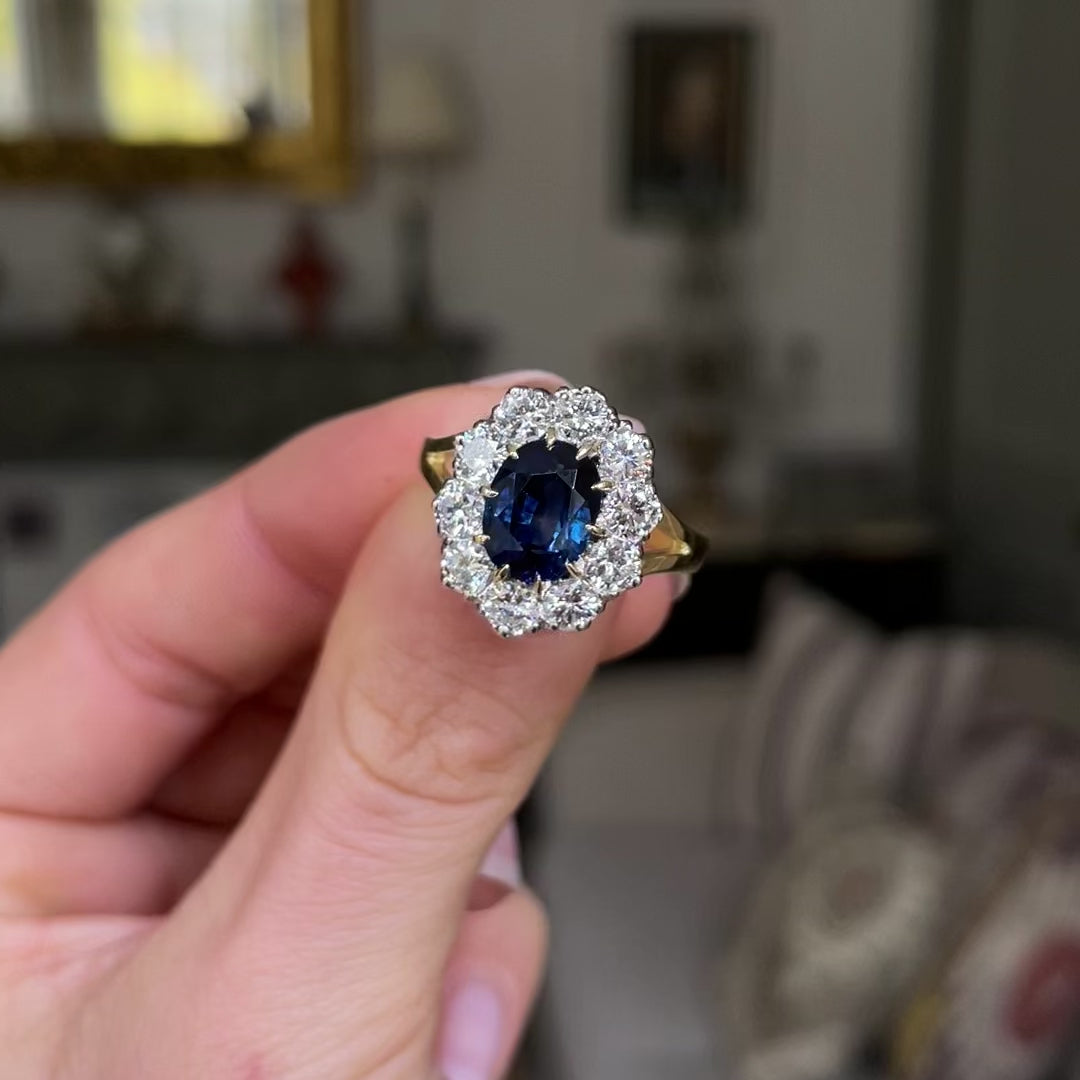 Vintage, Blue Sapphire and Diamond Cluster Engagement Ring, 18ct Yellow Gold