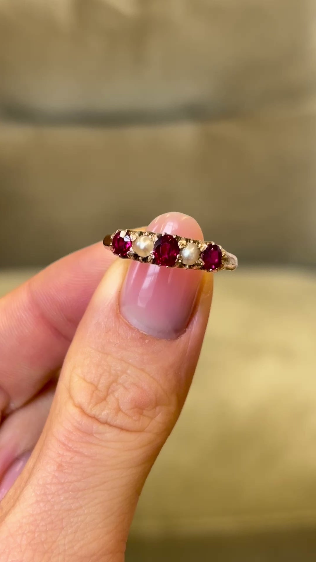 Antique, Victorian ruby & pearl five-stone ring