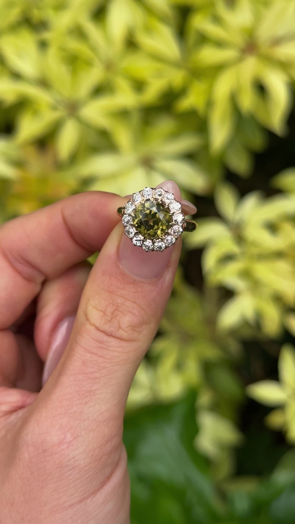 Antique, Victorian Green Zircon and Diamond Cluster Ring, 18ct Yellow Gold held in fingers.