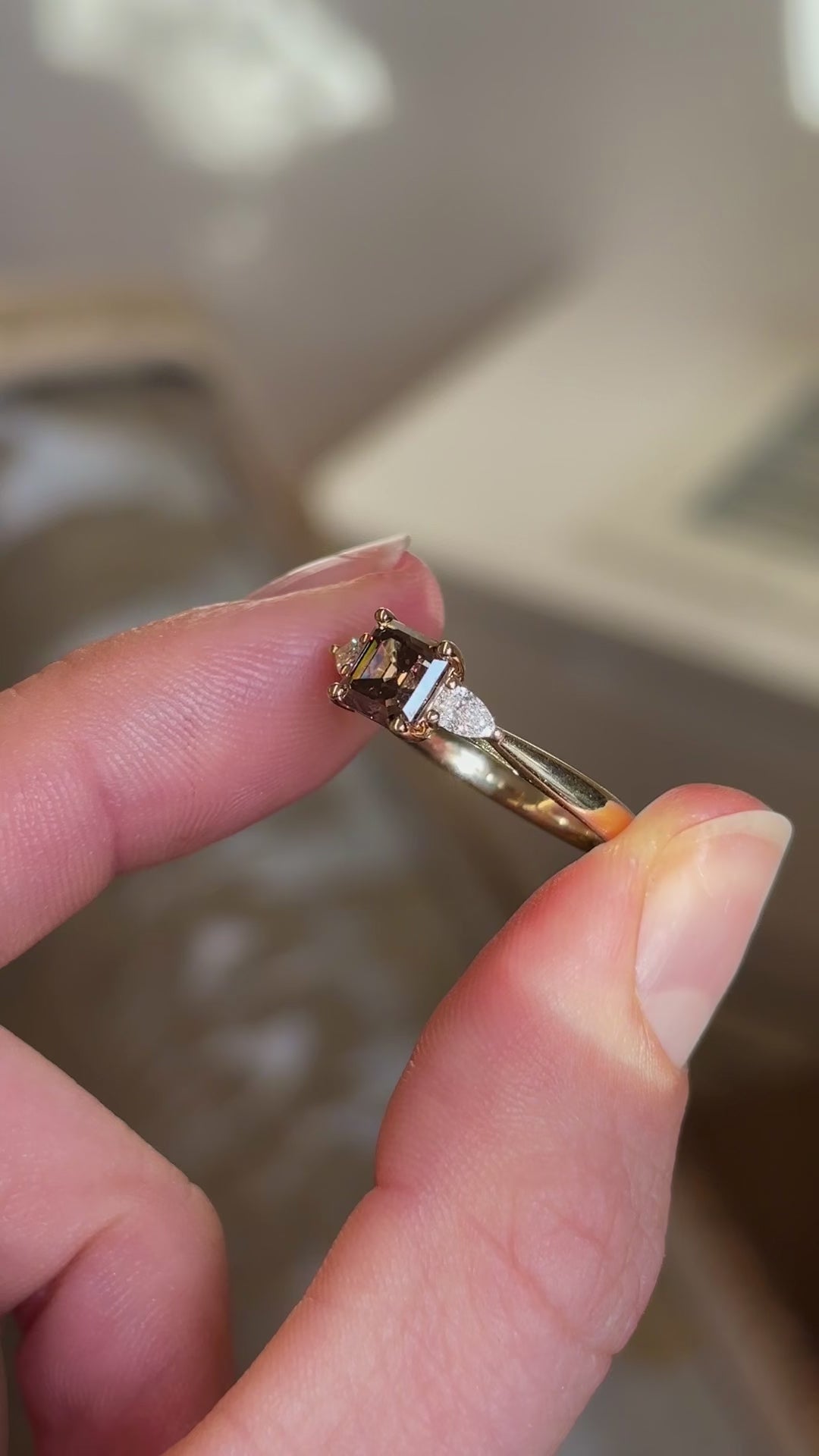 Asscher-cut brown sapphire & diamond three-stone ring