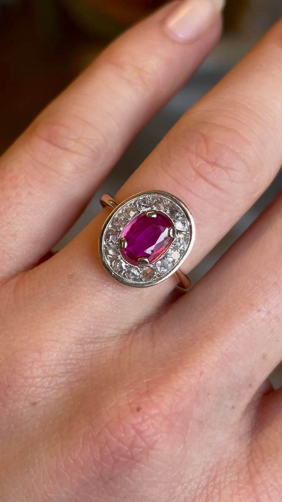 Antique, French, oval-cut ruby & diamond cluster ring