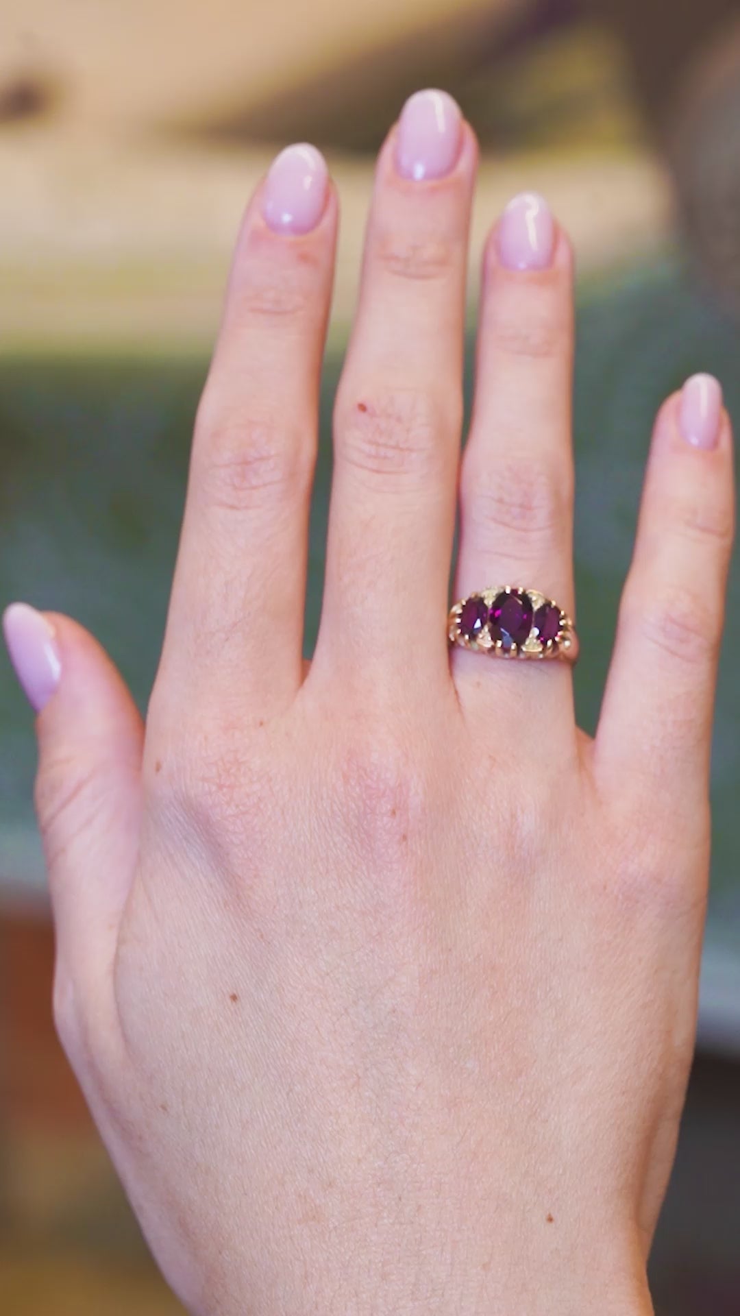 Antique, Victorian rhodolite garnet three-stone ring