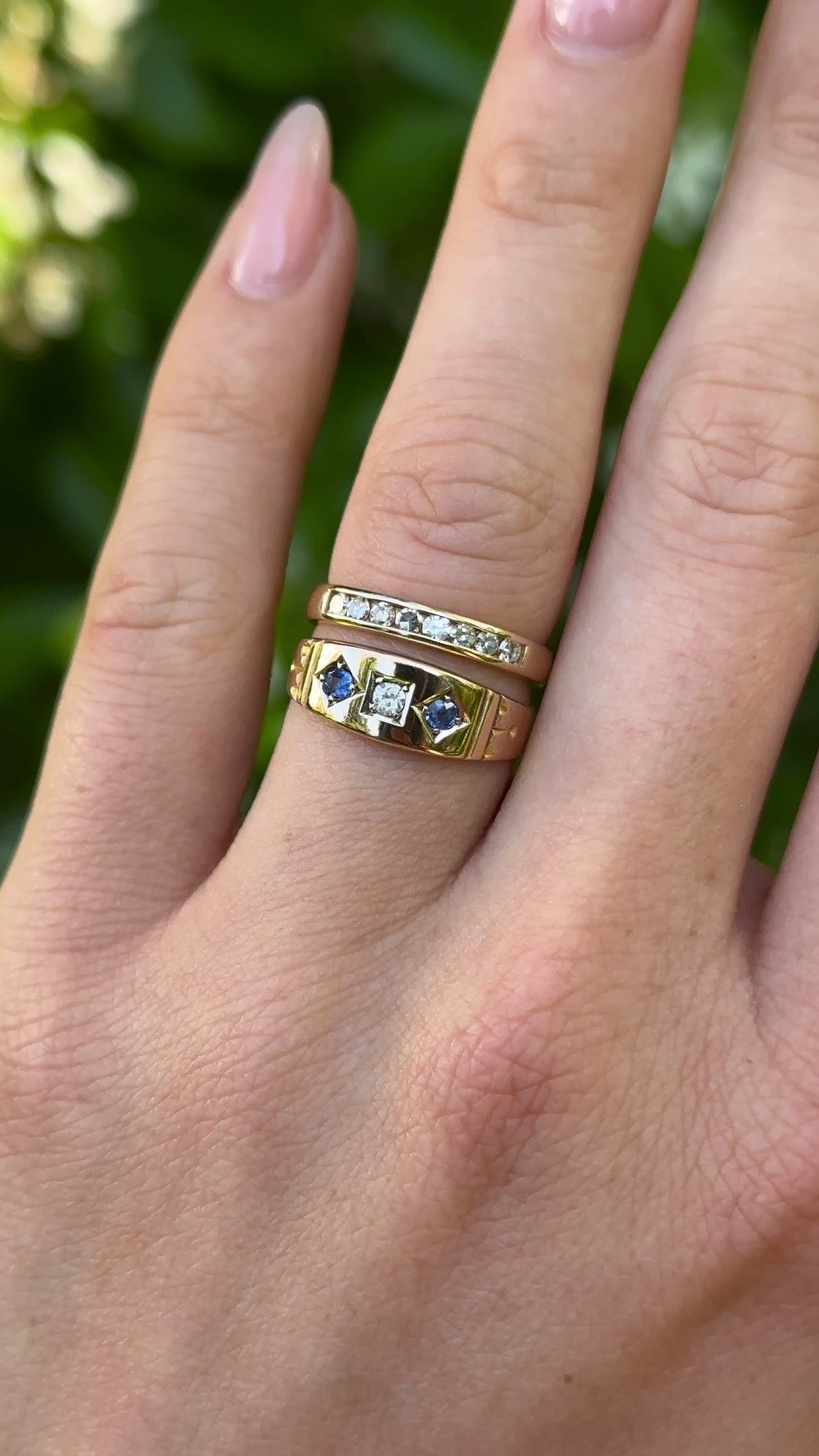 Antique, Victorian Sapphire and Diamond Three-Stone Ring, 15ct Yellow Gold worn on hand.