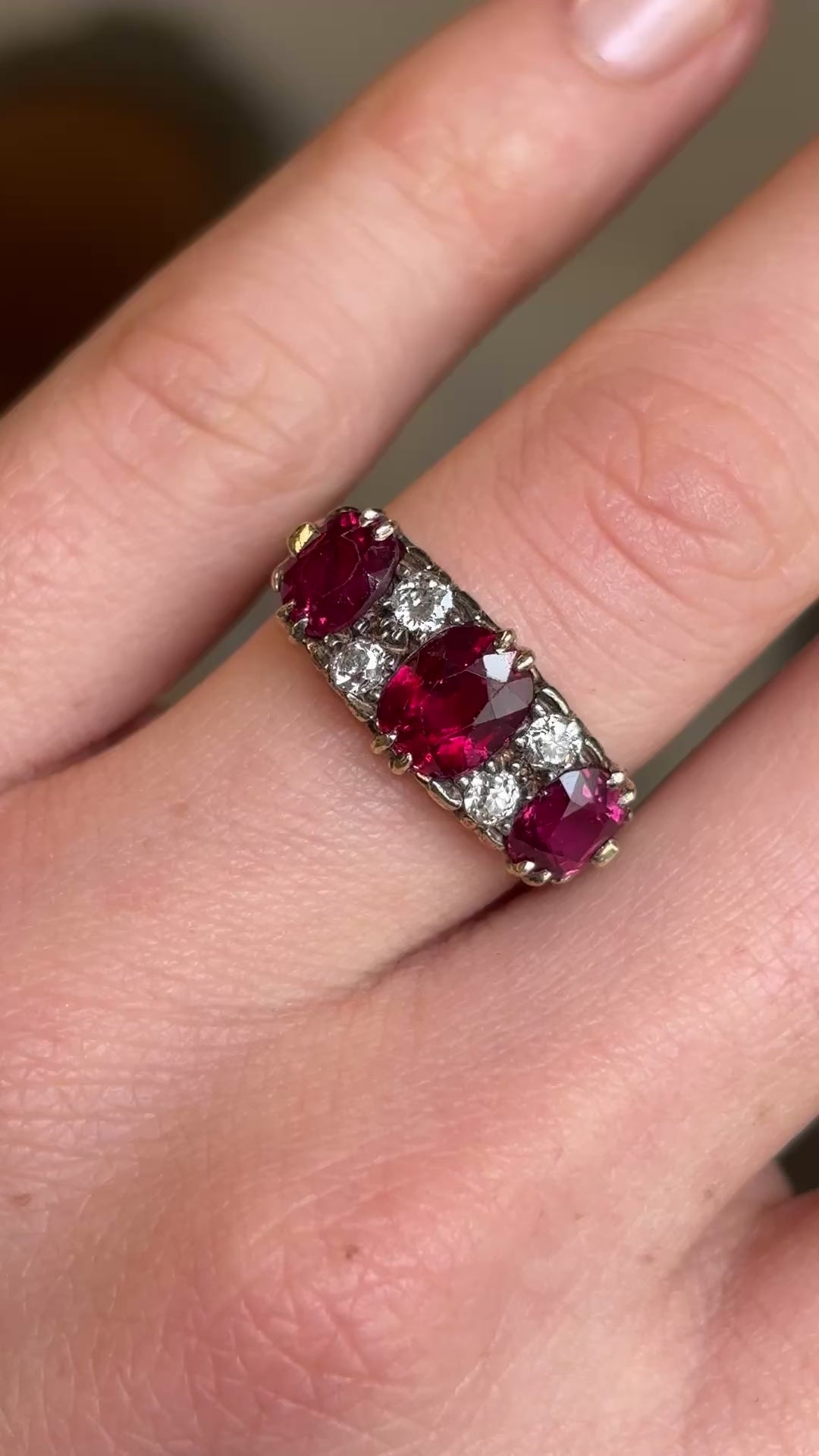 Victorian, unheated ruby & diamond three-stone ring