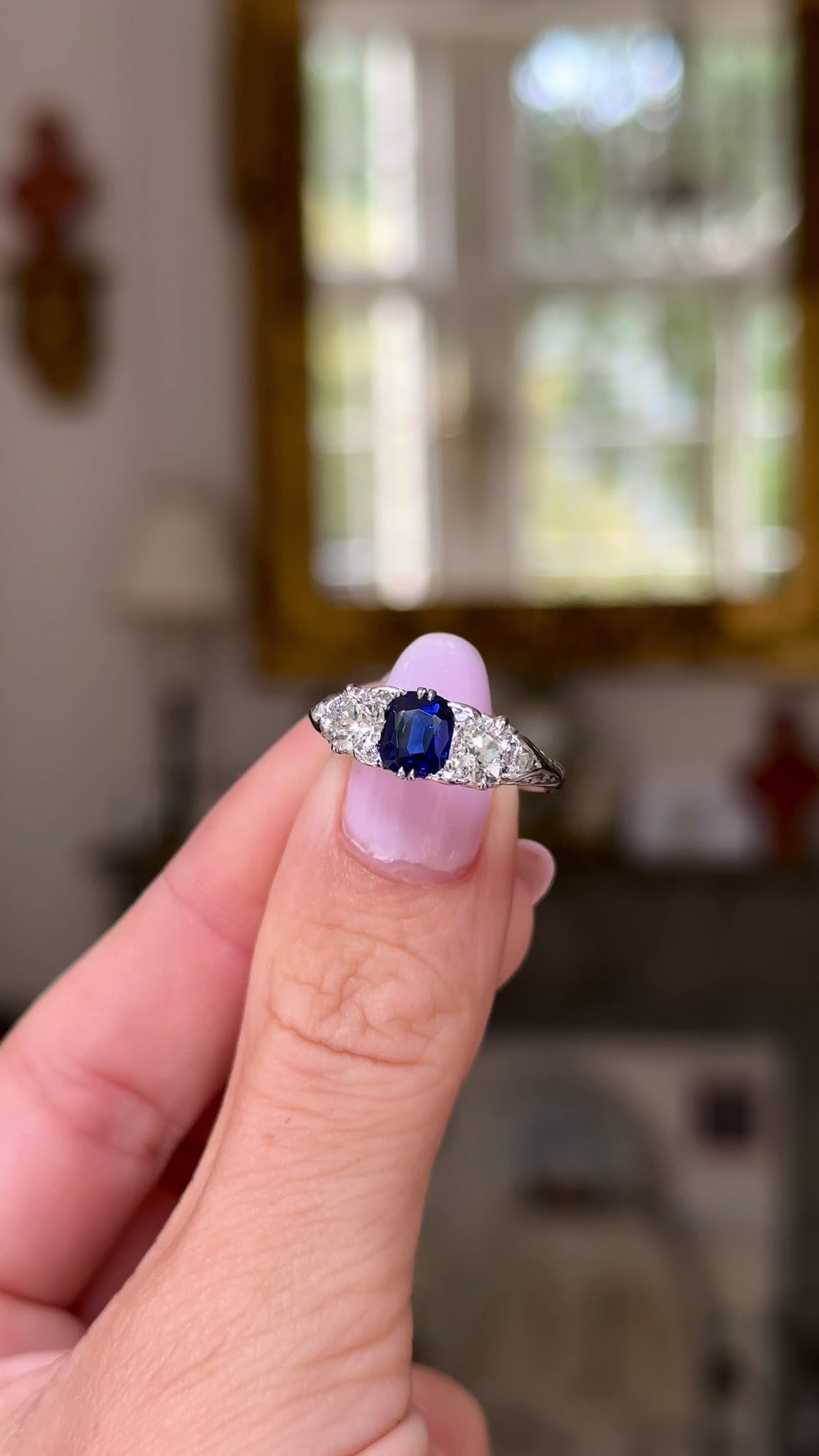 Edwardian, sapphire & diamond three-stone engagement ring, platinum