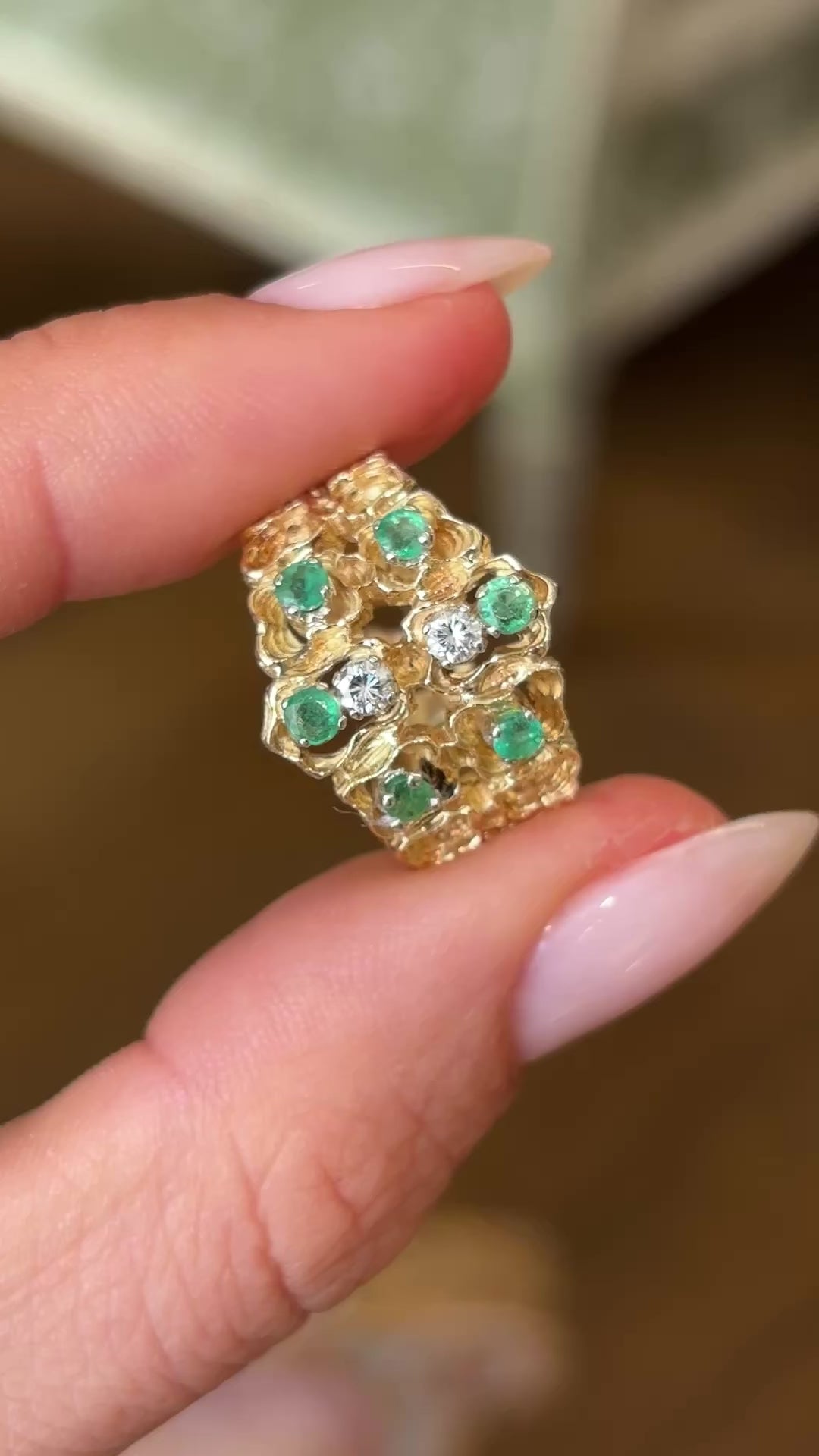 Vintage, textured diamond & emerald ring