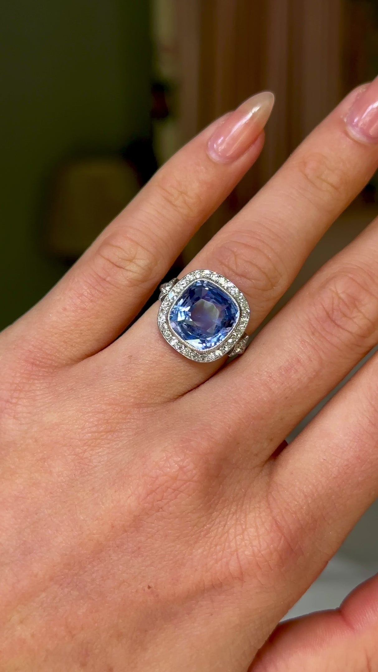 Antique, Belle Époque Sapphire and Diamond Cluster Ring, 18ct White Gold worn on hand and moved around to give perspective.