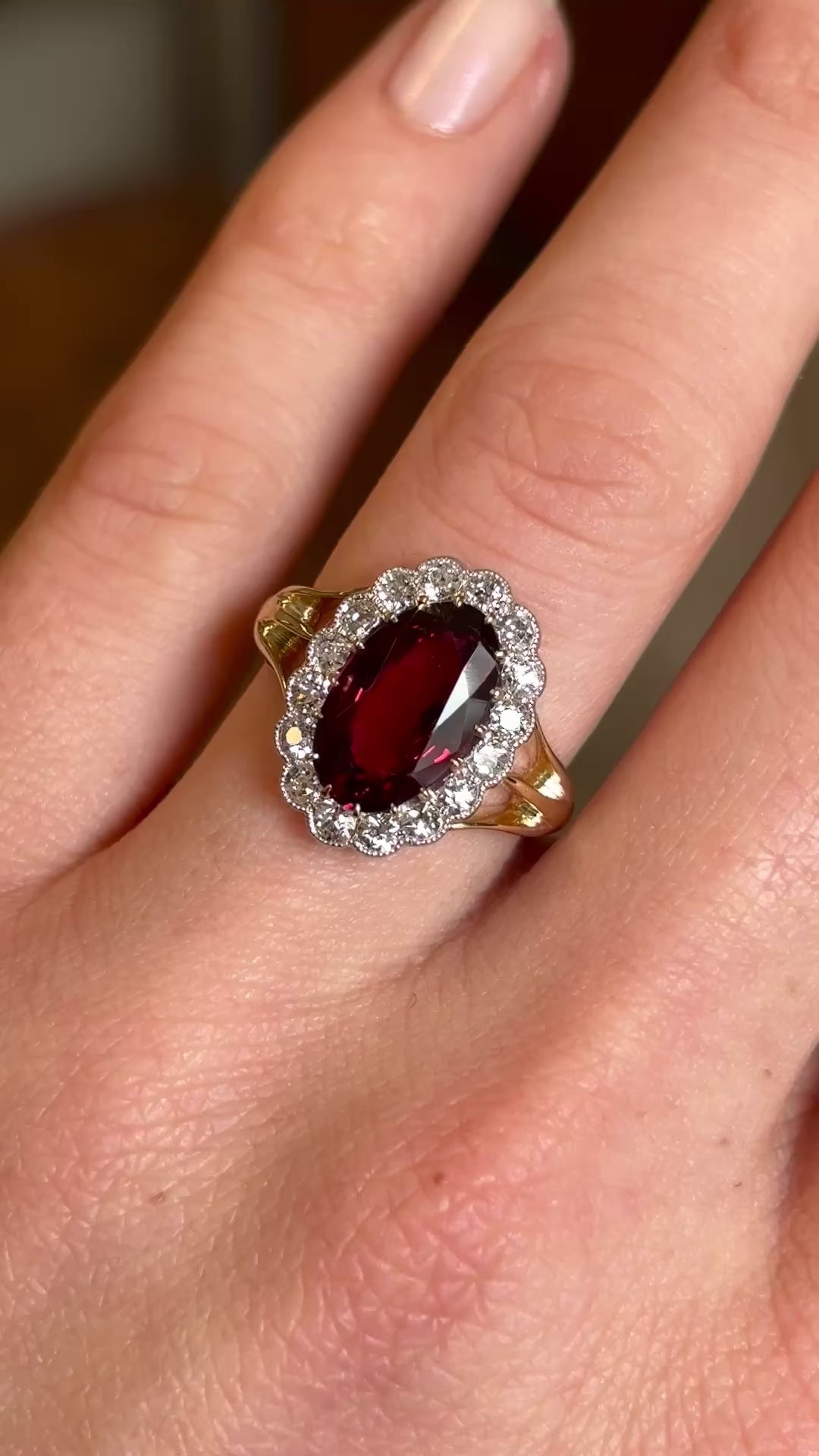 Antique, Edwardian red spinel and diamond engagement cluster ring