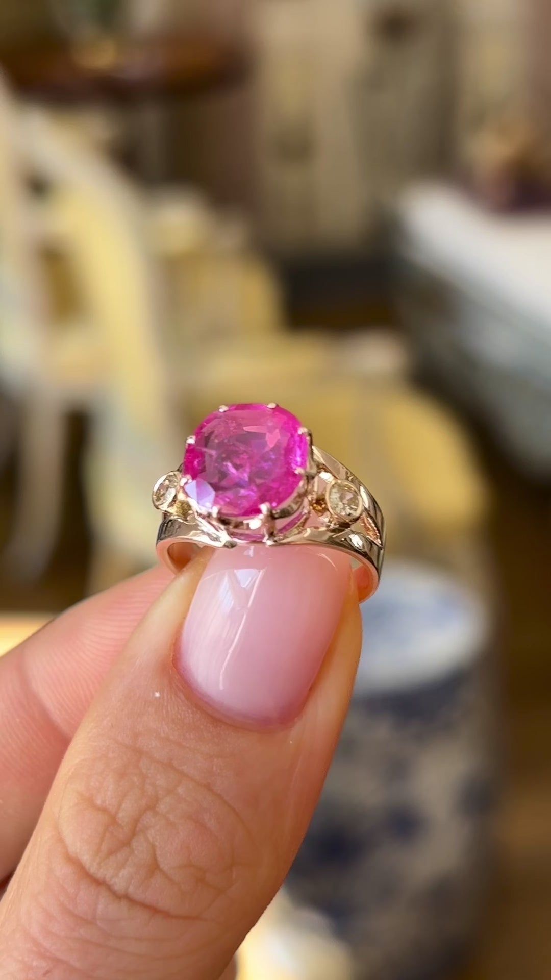 Antique, Victorian pink sapphire & diamond three-stone ring
