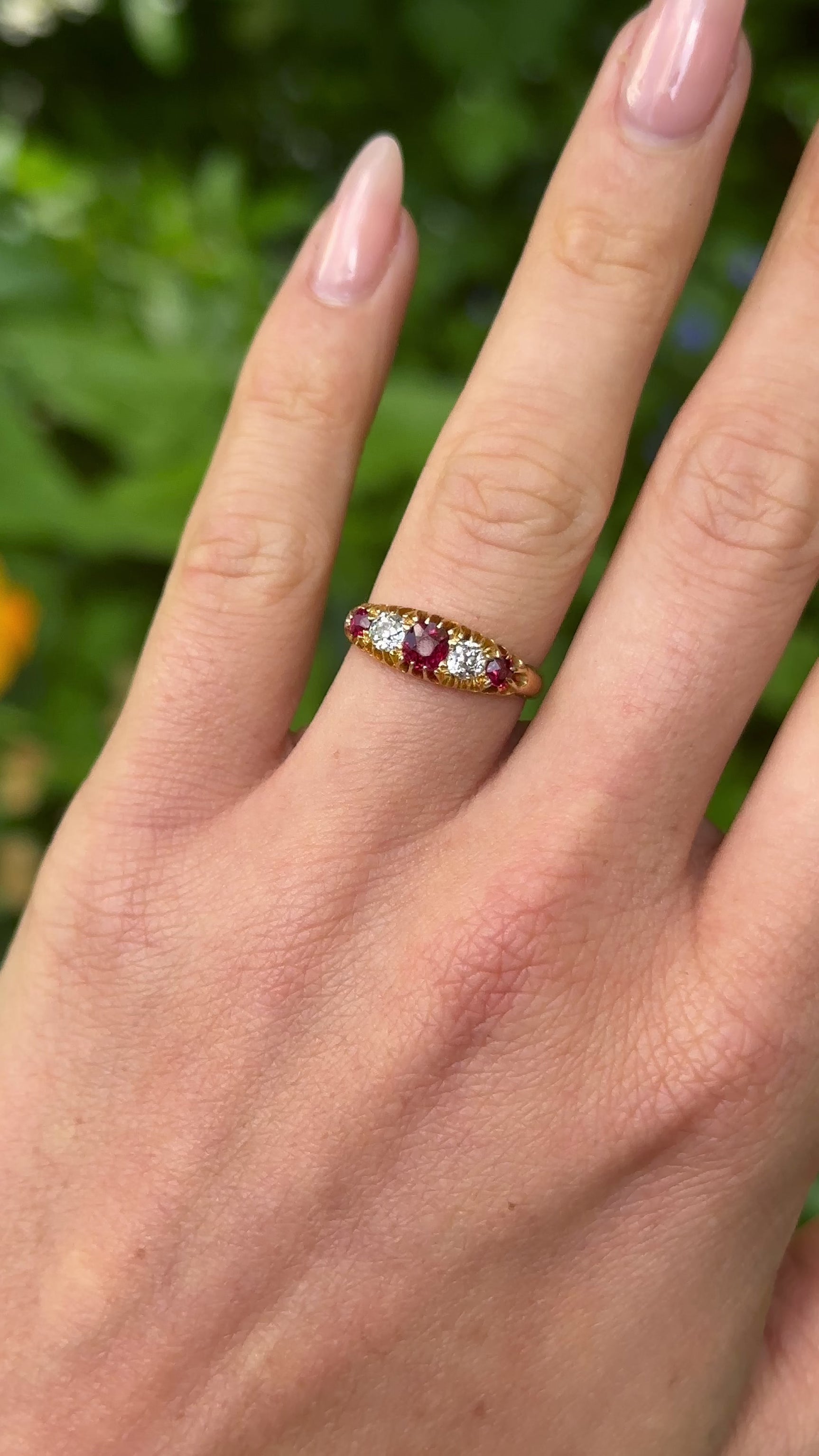 Antique, Victorian Five Stone Ruby and Diamond Ring, 18ct Yellow Gold worn on hand.
