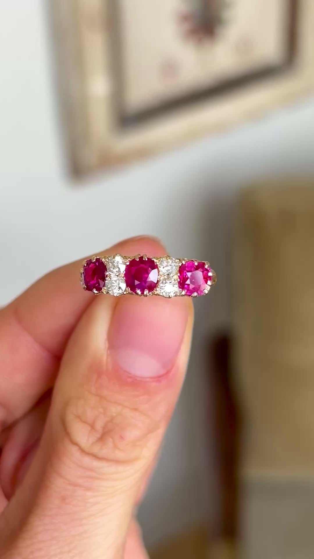 Antique, Edwardian Burmese ruby & diamond half-hoop ring