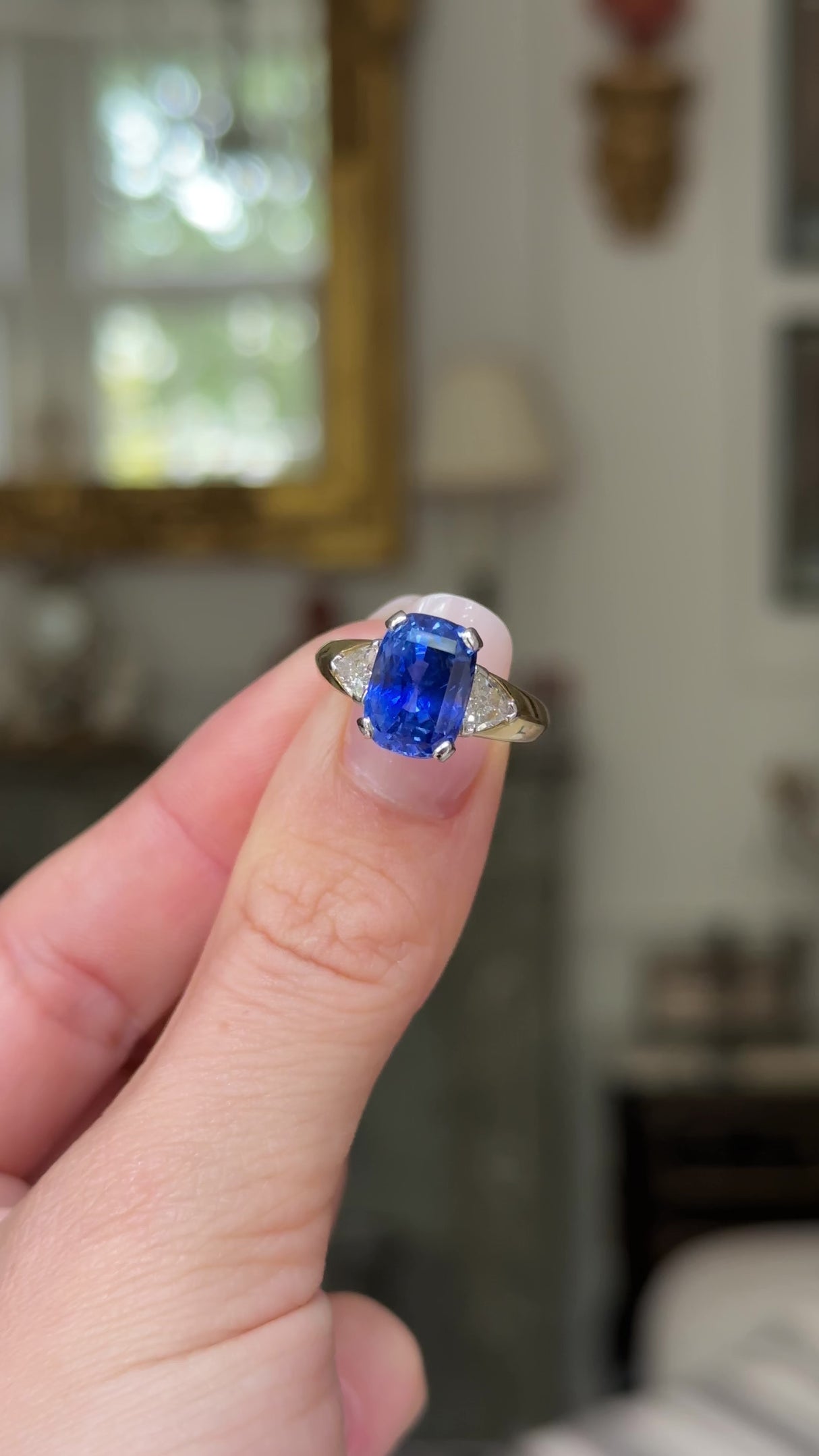 Vintage 6.44ct sapphire & diamond three-stone engagement ring