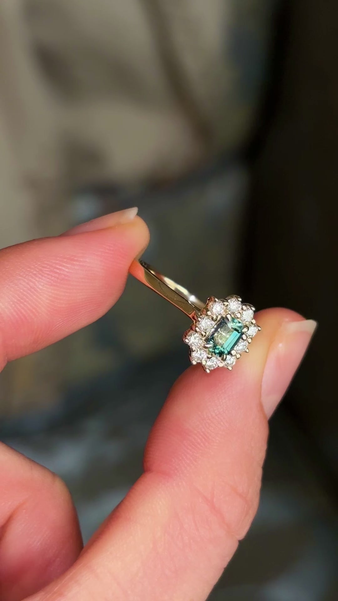 Octagon shape teal sapphire & diamond cluster ring