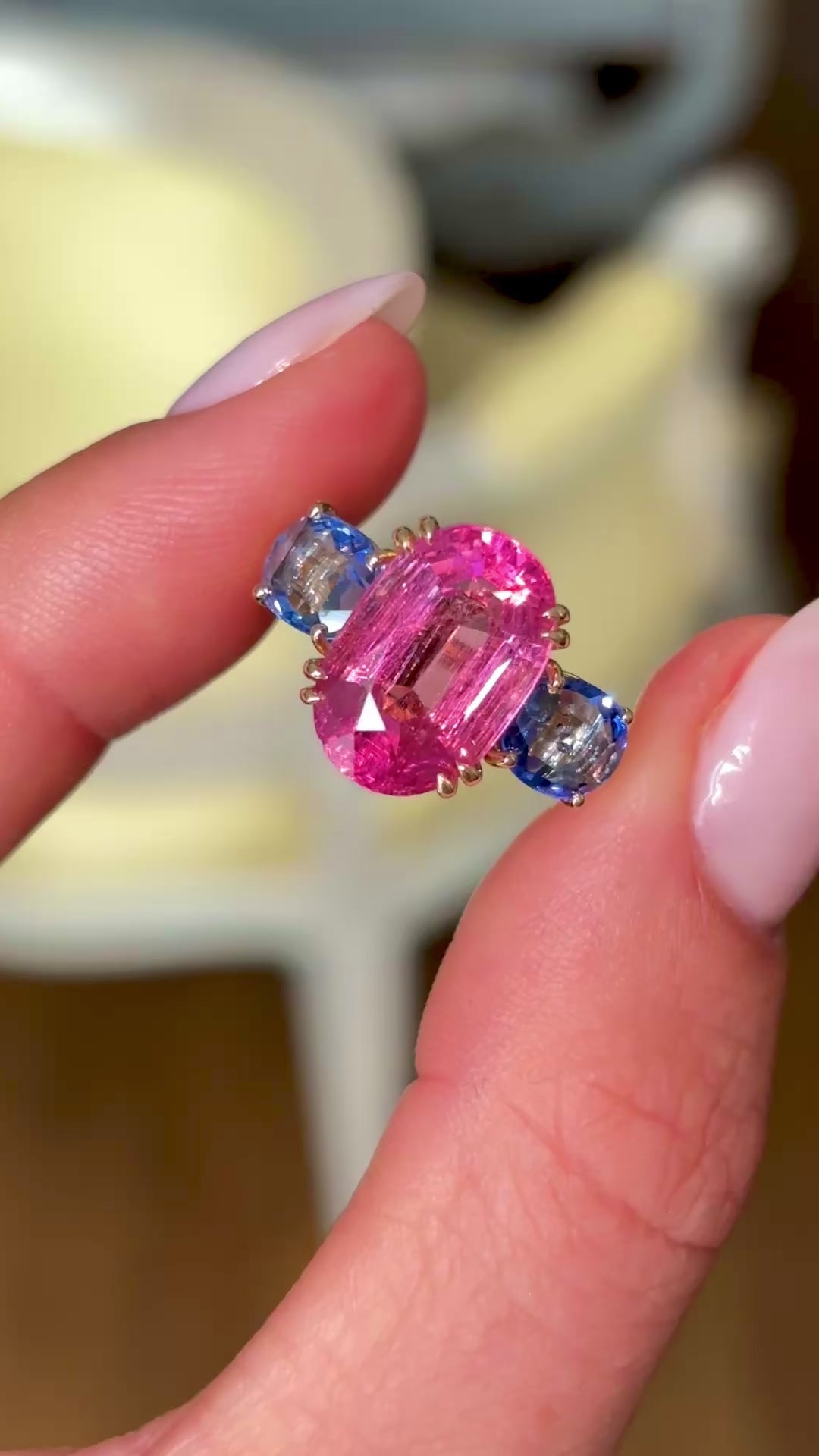 Vintage, 1980s pink tourmaline & sapphire three-stone ring