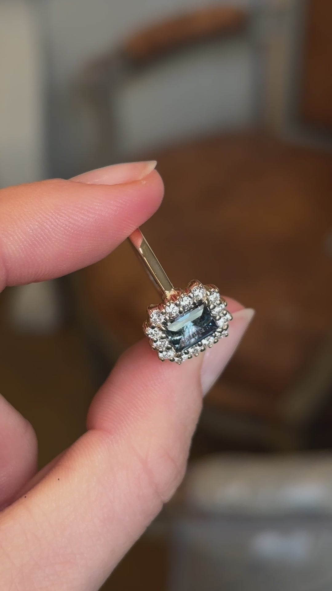 Baguette-cut teal sapphire & diamond cluster ring