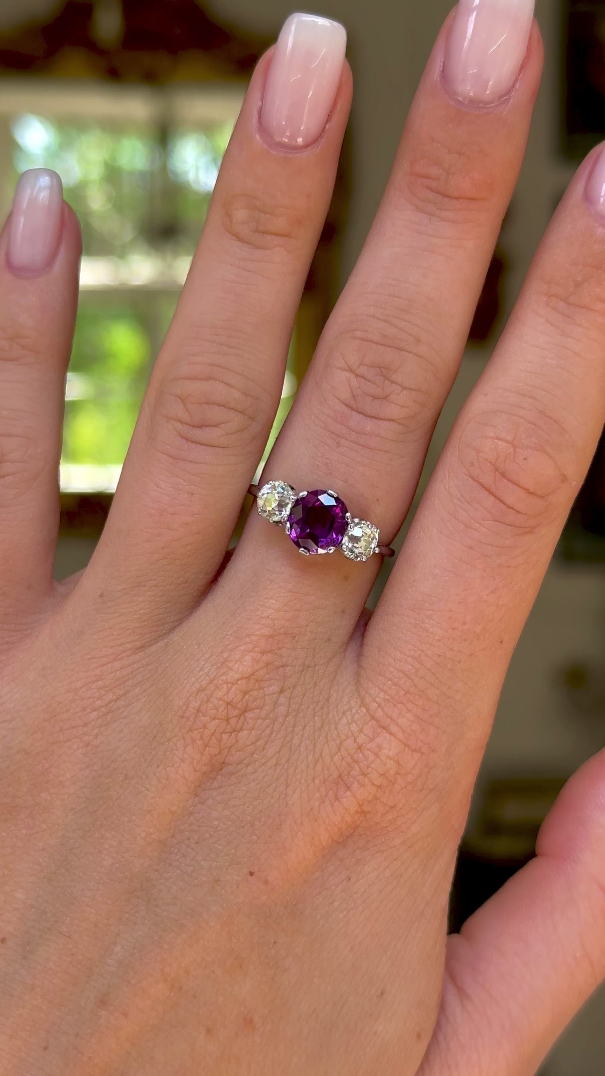 Art Deco, purple sapphire and diamond three-stone engagement ring, platinum