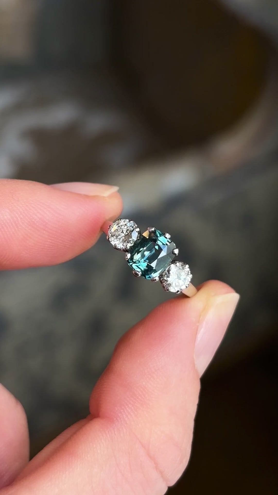 Vintage, 1950s Green-teal sapphire & diamond three-stone ring