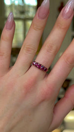 Antique, Edwardian Five Stone Ruby Ring, Yellow Gold worn on hand and moved around to give perspective.