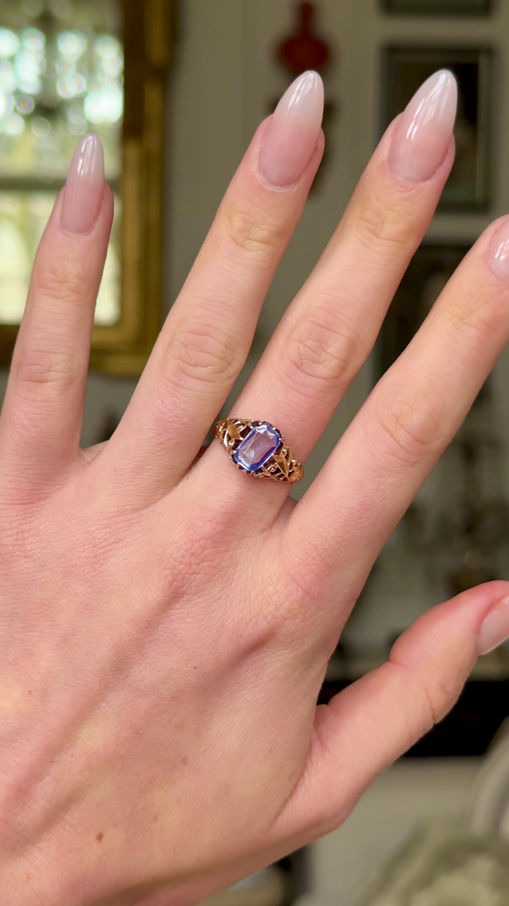 Antique, Victorian Ceylon Sapphire Ring, worn on hand and moved around to give perspective.