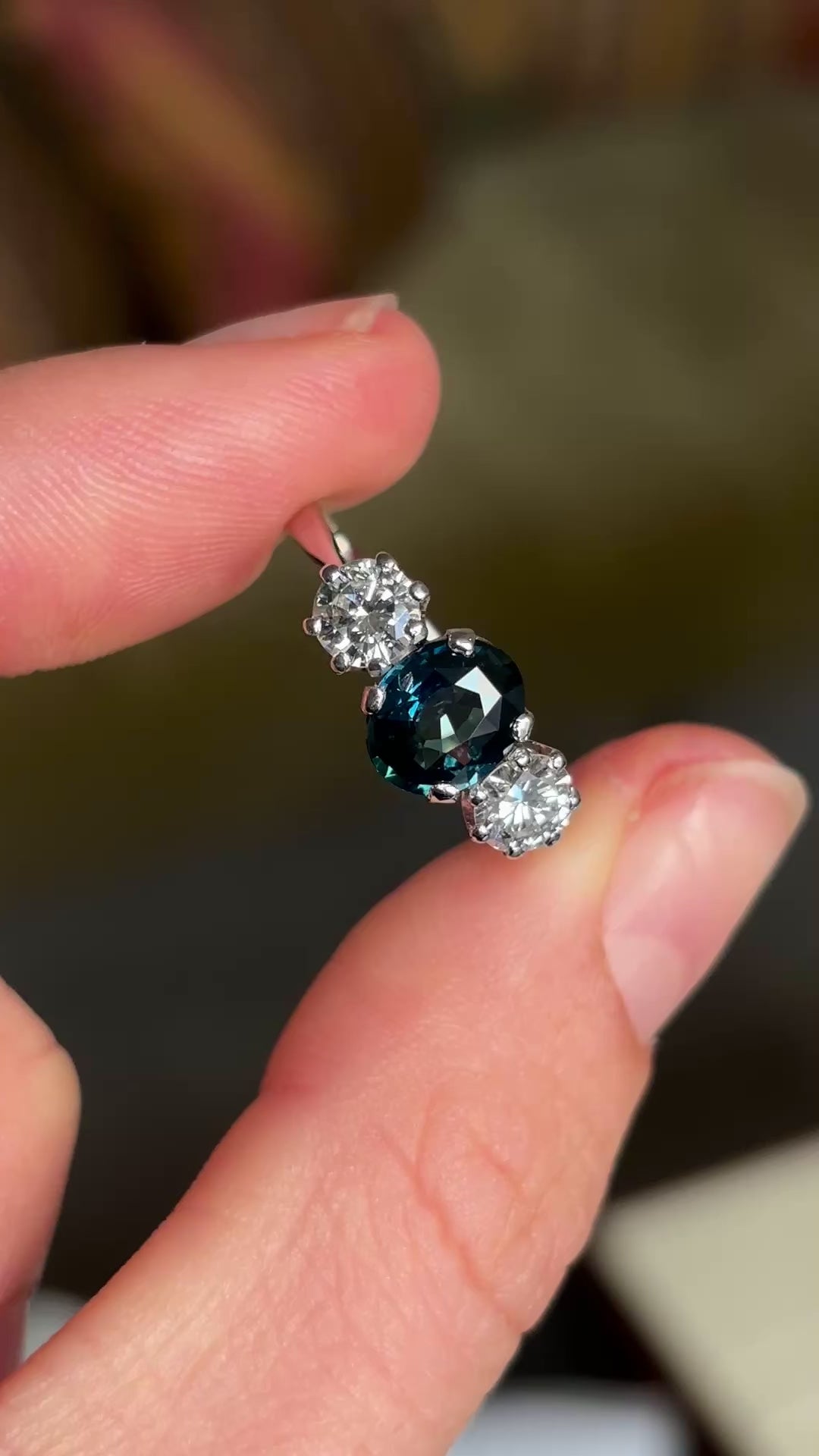 Vintage, 1950s teal sapphire & diamond three-stone ring