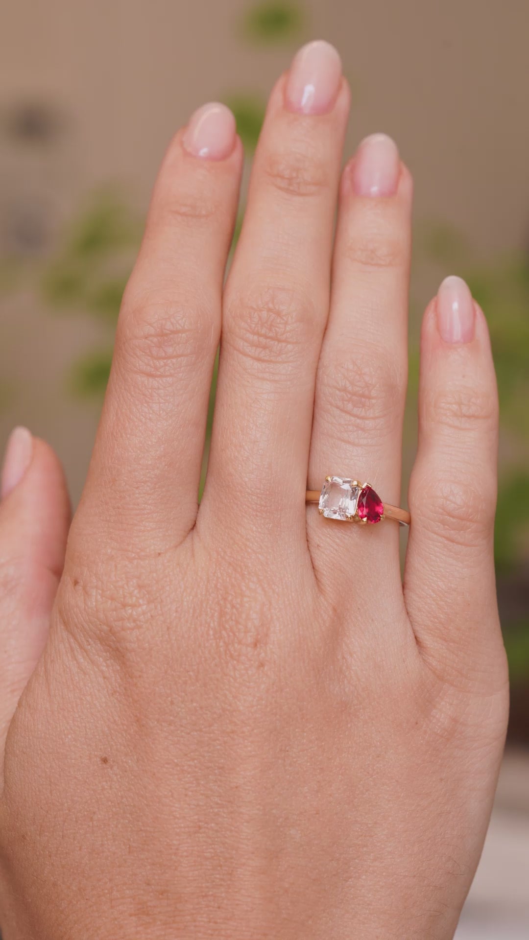 Antique-inspired, pink sapphire and spinel Toi et Moi engagement ring