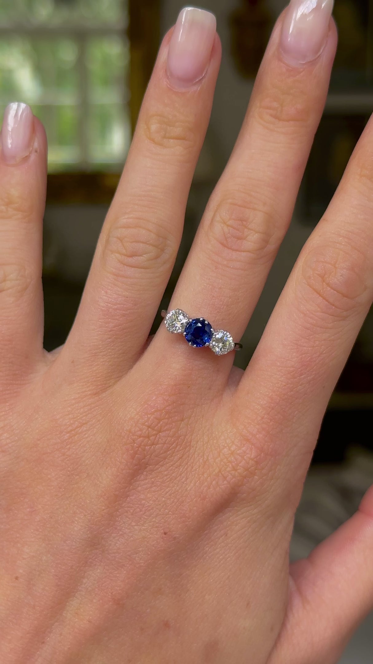Antique, Art Deco sapphire & diamond three stone ring, platinum