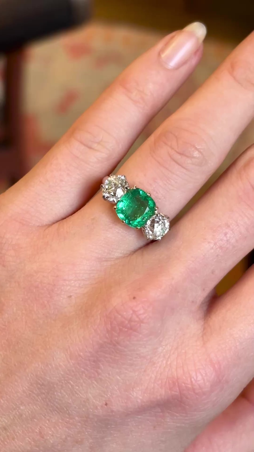 Vintage, 1950's emerald and diamond three-stone ring