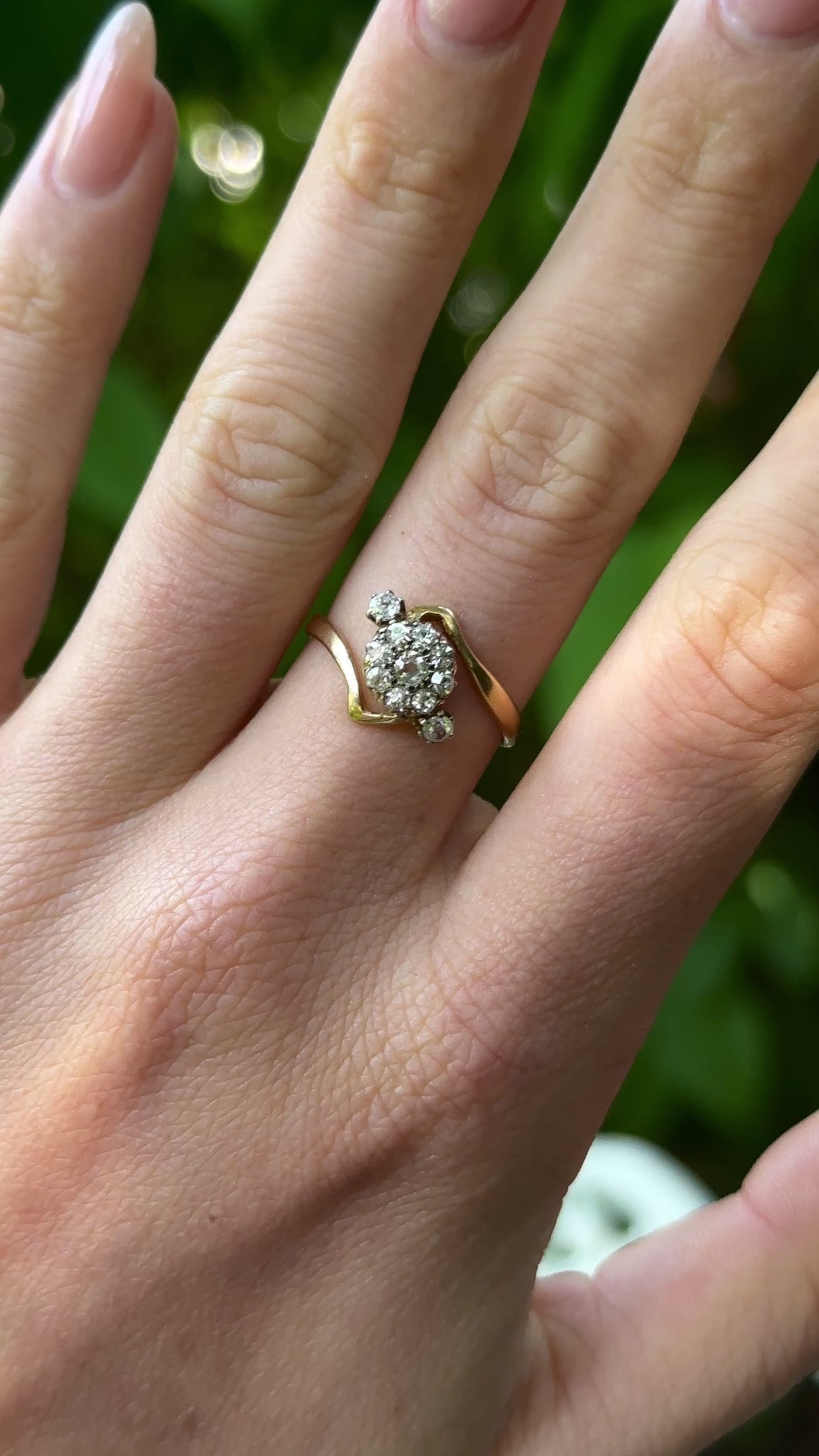 Vintage, Diamond Cluster Engagement Ring, 18ct Yellow Gold worn on hand.