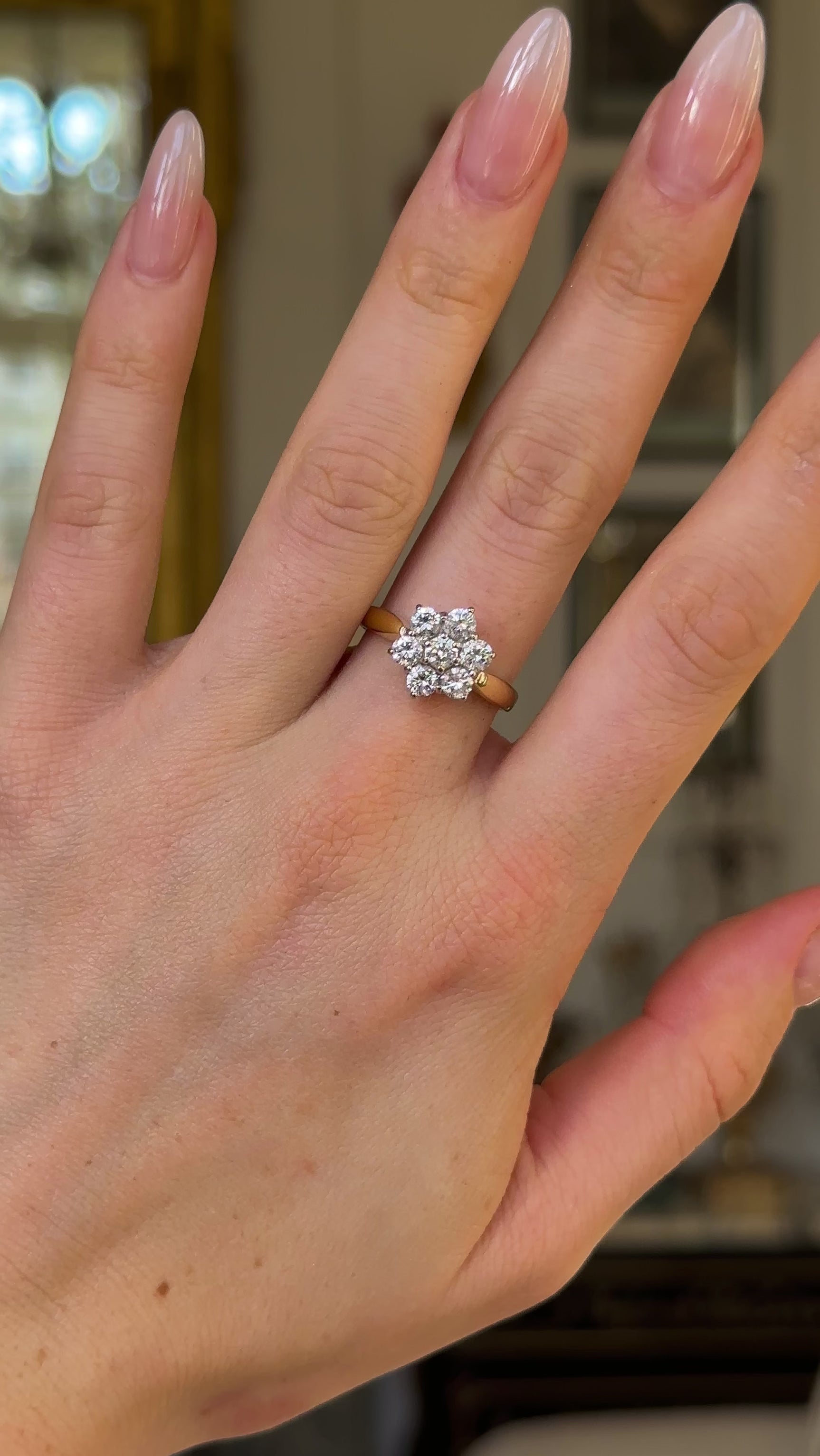 Vintage, 1990s Diamond Cluster Engagement Ring, 18ct Yellow and White Gold worn on hand and moved around to give perspective.